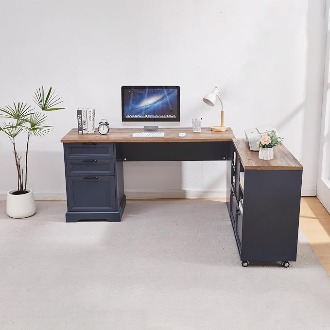 60" Farmhouse Executive Desk and 40" Mobile File Cabinet Combination,L Shaped Executive Desk with Charging Station,Home Office Desk for Office Work,Home Study (Blue)
