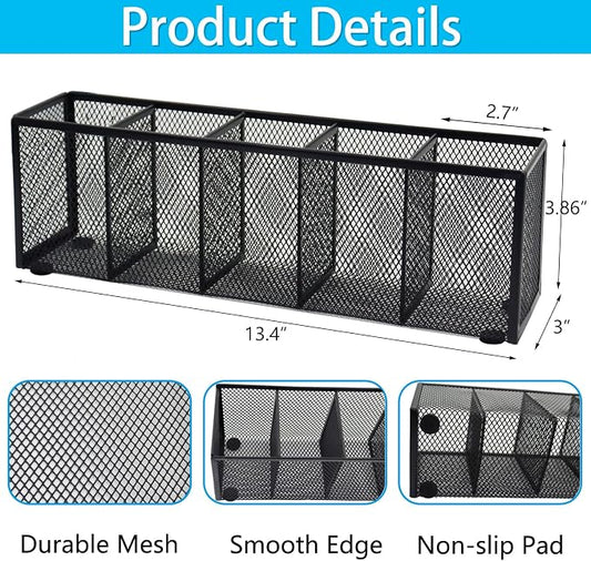 2PCS Black Mesh Pen Pencil Holder, Small Metal Desk Organizer Desktop Stationery Office Supplies Acessories Storage Stand, 5 Compartments Brushes Holder for Home School Classroom Teachers