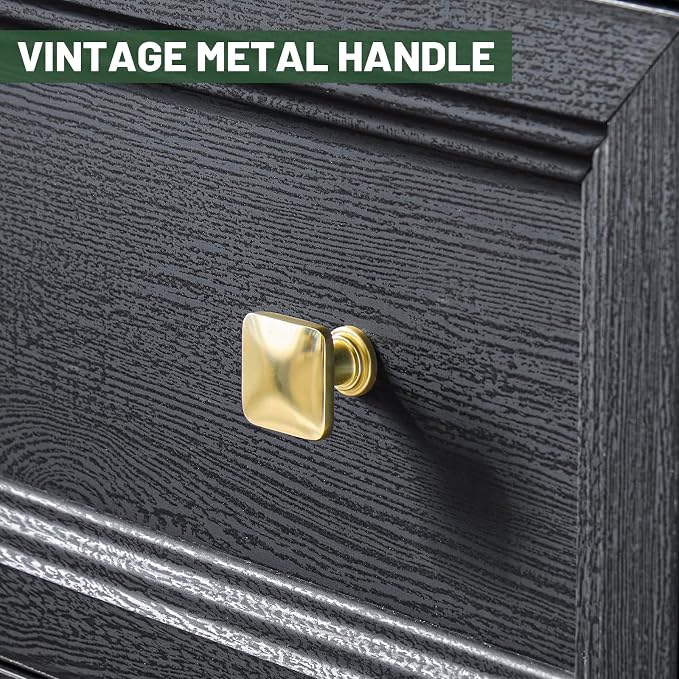 Standifurno Farmhouse Black Nightstand with 3 Drawers, Rustic Bedside Table with Storage, Large Bed Side Table for Bedroom Living Room Home Office Furniture 24.8” Tall Nightstand with Gold Knobs