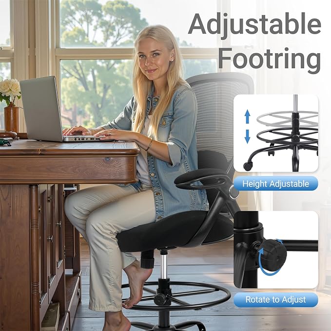 HYLONE 400lbs Big and Tall Heavy Duty Drafting Chair 5" Thickened Seat Tall Office Chair Flip-Up Armrests Ergonomic Chair with Lumbar Support and Adjustable Footrest Ring Standing Desk Chair (Black)
