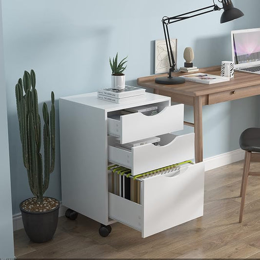 QDSSDECO 3 Drawer Mobile File Cabinet, Rolling Vertical Filing Cabinet fits A4, Legal Paper and Letter Paper for Home Office, White