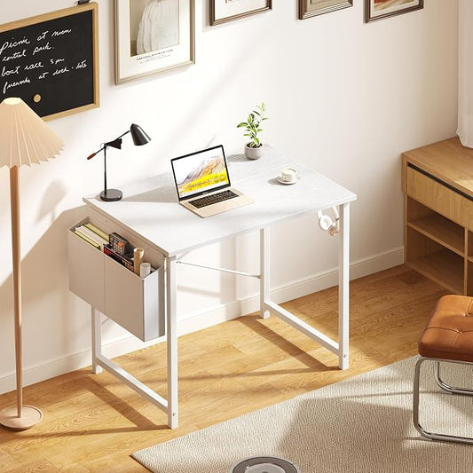 OLIXIS Small Computer Desk, 31 Inch Home Office Desks, Writing Study Craft Work Gaming Table, Computer Workstation for Bedroom Small Spaces with Storage Bag and Headphone Hook, White