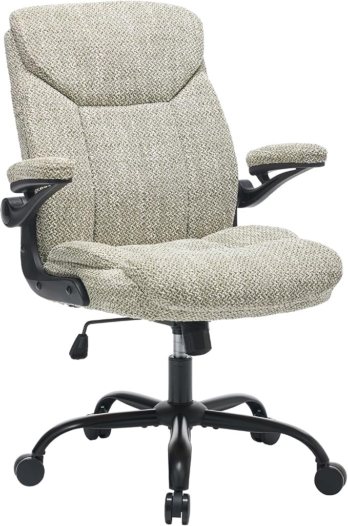 Fabric Executive Office Chair - Ergonomic Computer Chair with Flip-up Arms Comfy Cloth Home Desk Chairs Mid Back Support Adjustable Height Tilt Lock Swivel Rolling Wheels, LightGreen