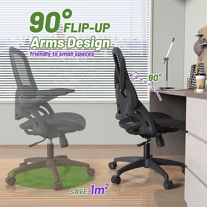 Full Mesh Home Office Desk Chair with Flip Up Arms Height Adjustable Lumbar Support Swivel Wheels for Adult