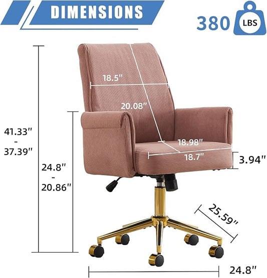 YITAI Stripes Velvet 360°Swivel Desk Chair, Modern Height Adjustable Home Office Armchair with Gold Base and Wheels for Vanity, Comfy Computer Chair for Study Living Room Bedroom(Rose Red)