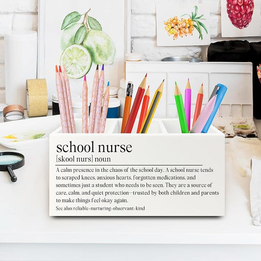 School Nurse Gifts Pen Pencil Holder Organizer for Desk, Nursing Student Gifts, Nursing School Graduation Gift Wooden Box Sign for Office Workplace Desk Tabletop Decorations