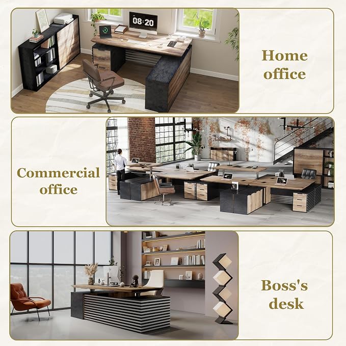 SAINTCY 78.74In L Shaped Executive Standing Desk with Drawers, Large Modern Adjustable Heigh Home Office Desk w/Universal Charging Ports, Business Workstation, Black and Warm Oak