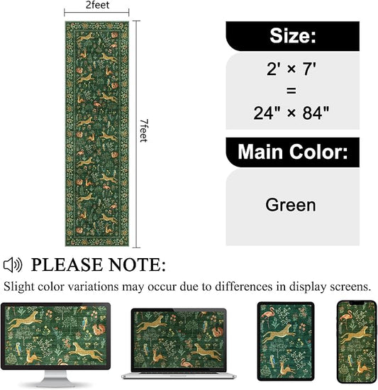 DUKINO Runner Rug, 2x7 Washable Kitchen Rugs for Hallways with Non Slip Backing, Soft Low Pile Vintage Animal Runner for Kitchen, Hallway, Entryway, Laundry, Bedroom, Green
