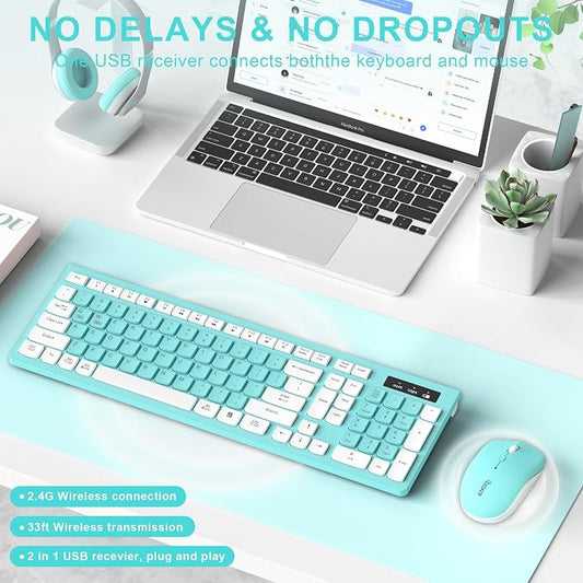 RECCAZR Wireless Keyboard and Mouse Combo, Full-Sized Keyboard and Adjustable DPI Mouse, 2.4GHz USB Receiver, Wireless for PC, Windows, Desktop, Laptop (Blue)