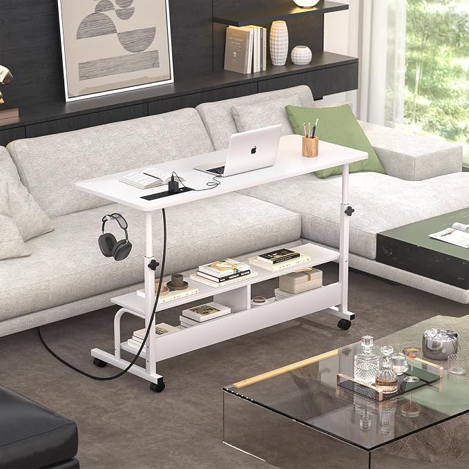 Armocity Rolling Standing Desk with Charging Station, Portable Height Adjustable Mobile Computer Desk with Wheels & 2-Tier Shelves & Hooks, Easy Assembly Laptop Table for Couch Bed, 47" White