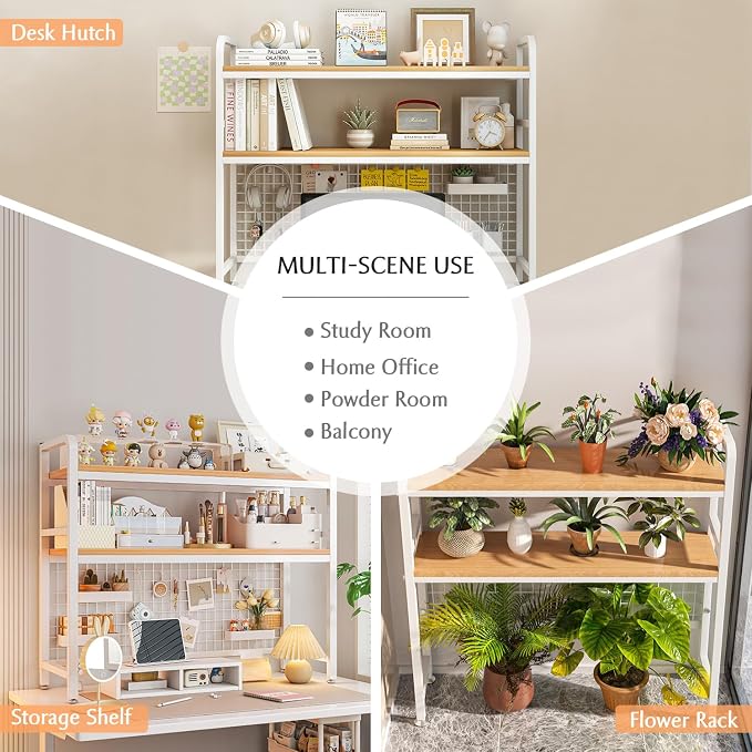 IOTXY 2-Tier Desktop Hutch Bookshelf - Metal Desk Shelf Bookcase with Grid Panel, Countertop Storage Organizer Rack for Dorm or Office, White, 45.3" W