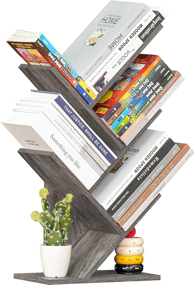 SHEEPAM 5 Tier Tree Book Shelf, Small Desktop Bookshelf with Storage Organizer, Wood Bookcase, Desk Display Bookshelves, Floor Standing Organizer Bookcases for Living Room,Bedroom,Office - Light Grey