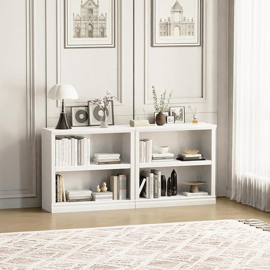 blini White Bookshelf and Bookcase Set of 2, Double Wide Large Bookshelves 2 Tier Wooden Bookshelf with Storage Cabinets for Living Room, Home Office, Library (White, 2 - Shelf)