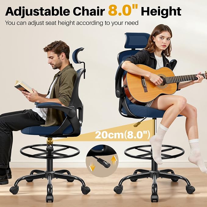 Drafting Chair, Tall Office Chair for Standing Desk, Ergonomic High Back with Headrest, Lumbar Support, Foot Ring and Flip-up Armrests, Navy Blue