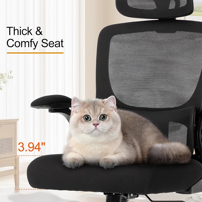 Ergonomic Office Chair,Home Mesh Office Desk Chairs,High Back Chair 330 LBS,Swivel Computer Task Chair with Adjustable Lumbar Support,Up&Down Flip-Up Arms,Rocking Function (Black)