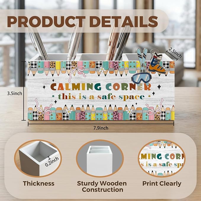 Boho Classroom Pencil Pen Holder for Desk Organizer, Reading Nook Corner Decor, Calming Corner Reading Wooden Box Decorations for Home Office Classroom Desk Tabletop Nursery Toddler Decor