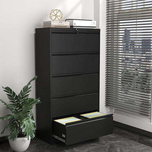 5 Drawer File Cabinet,Metal Lateral Filing Cabinet with Lock,Home Office Storage Organizer Cabinet for Legal/Letter/A4/F4 Size Files,35.5" W,Black