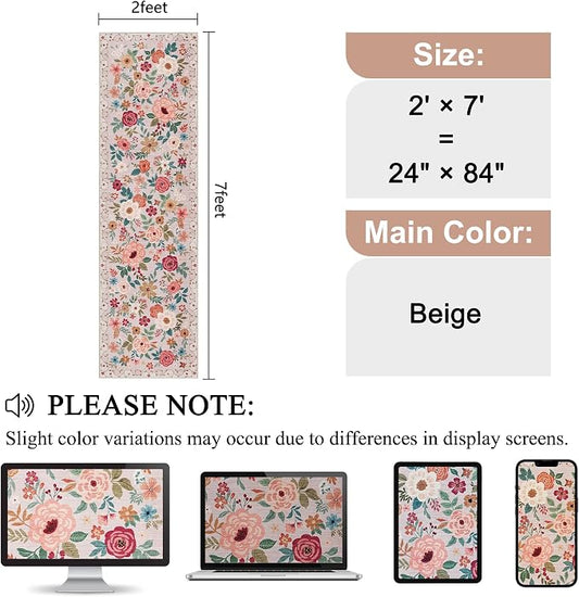 DUKINO Runner Rug, 2x7 Boho Kitchen Rug for Hallways with Low Pile Design, Washable Non Slip Backing Soft Floral Runner for Kitchen, Hallway, Entryway, Bedroom, Laundry, Beige