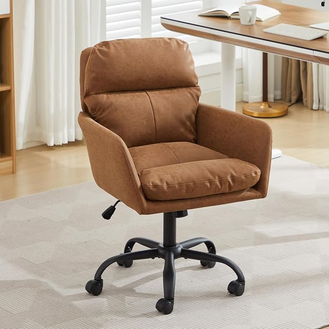 YITAI Adjustable Home Office Desk Chair with Comfy Square Mid-Back, Faux Leather 360 Swivel Upholstered Task Armchair with Wheels for Vanity Bedroom/Living Room,Study Brown