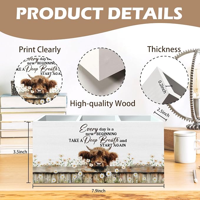DILSJ Inspirational Highland Cow Pen Pencil Holder Organizer for Desk, Highland Cow Gifts for Women, Every Day Is a New Beginning Wooden Box Signs for Home Office Decoration Office & School Supplies