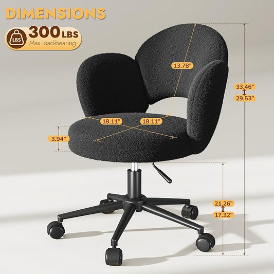Homkdom Desk Chair with Wheels, 3.94" Thick Comfy Petal Vanity Chair, Swivel Armless Chair with Open Back and Adjustable Height, Ideal for Makeup Study Work and Relaxation, Black