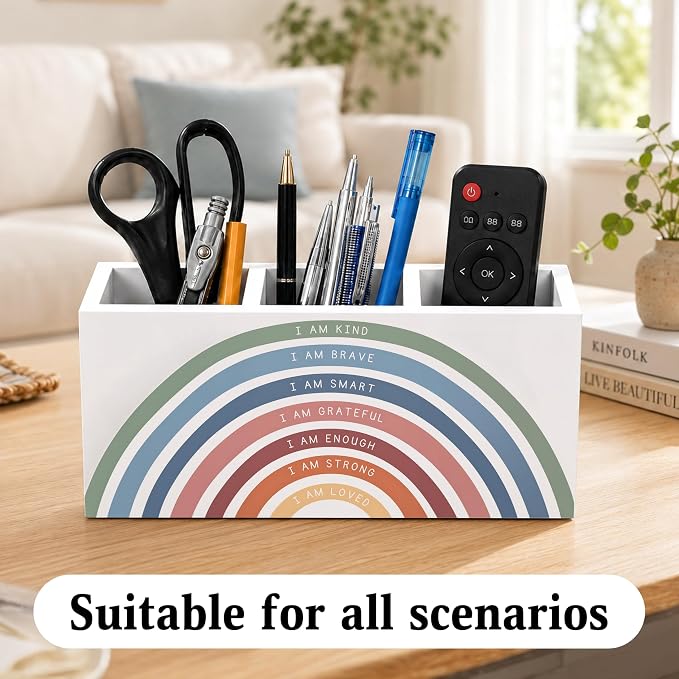 Boho Rainbow Classroom Pen Holder for Desk, I Am Kind Motivational Quotes Wooden Box Sign Desk Decor for Classroom Kids Room Home Office Decoration, Inspirational Pencil Organizer