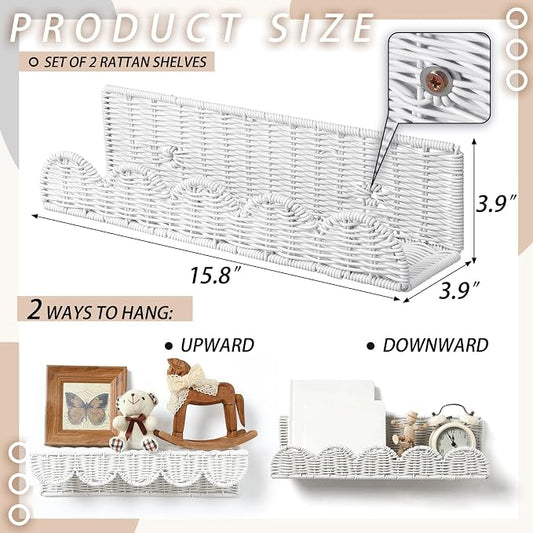 Pinkunn 4 Pcs Nursery Book Shelves 15.8 Inch Rattan Scalloped Floating Bookshelves Wicker Boho Book Shelf for Wall Mounted Decor Nursery Rooms Hanging(Cute)