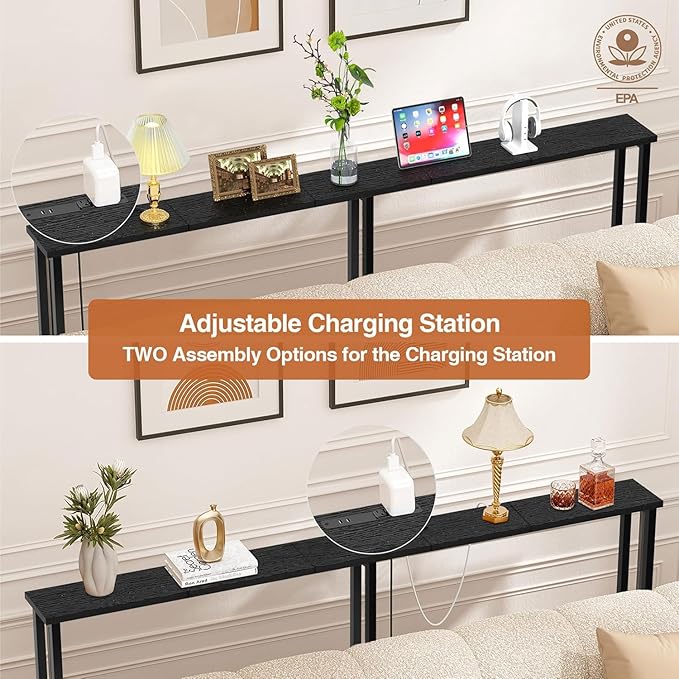Keelian 63" Sofa Table Narrow Long - 2 Power Outlets & 4 USB Ports, Metal Frame,Behind Couch Table Behind Sofa for Living Room, Hallway, Entrance- Easy Assembly, 4.9' Extension Cord Included.