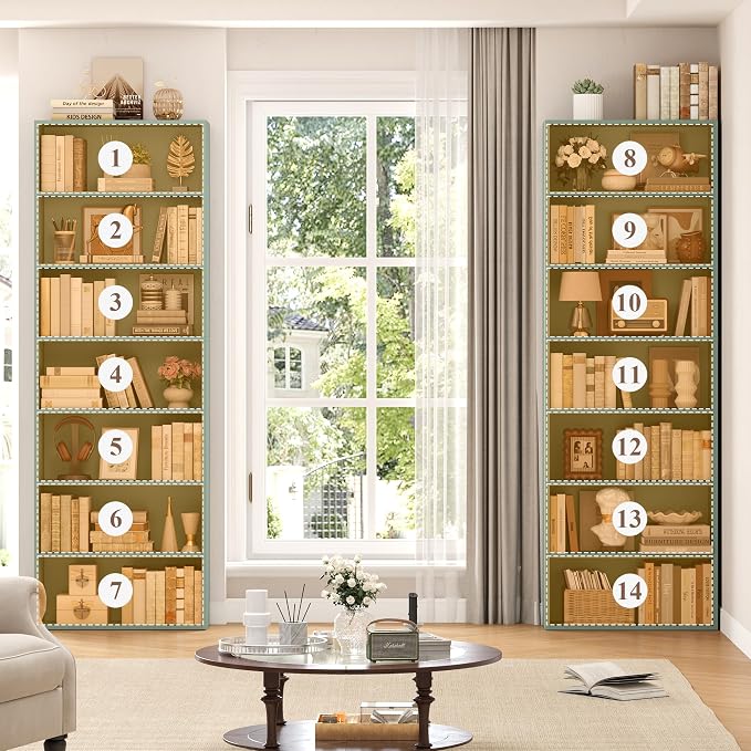 FACBOTALL 82" Tall Bookshelf Set of 2, 7-Tier Double Open Shelves Bookcase,Freestanding Display Storage Shelves, Tall Bookcase Home Decor Furniture for Home Office,Living Room,Bedroom, Green