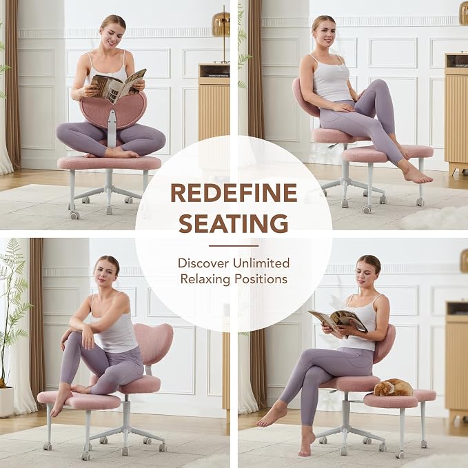 Cross Legged Office Chair, 360° Swivel Yoga Meditation Chair, Ergonomic Height Adjustable ADHD Criss Cross Office Chair with Wheels, Lumbar Support for Home Office, Pink