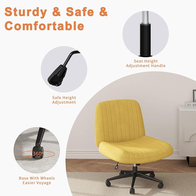 Shintenchi Criss Cross Chair,Cross Legged Office Seat with Wheels Armless Swivel Vanity Chair,Height Adjustable Wide Computer Task Seating for Home Office,Yellow 