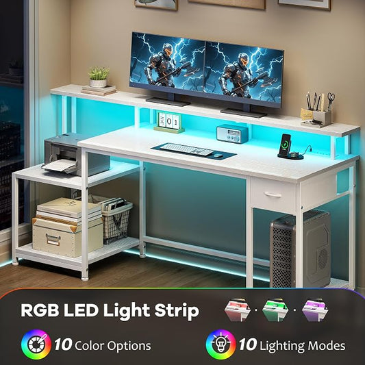 White Office Desk with 55" Long Monitor Stand and 18" Ample Printer Space, Computer Desk With RGB Lights and 3 AC Power Outlets, Zoned Storage Drawer and File Shelves, Study Desk, Writing Desk