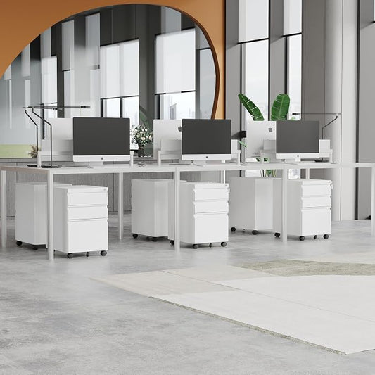 MIIIKO 3 Drawer File Cabinet on Wheels, Home Office Mobile File Drawers Under Desk, Full Assembled White Filing Cabinets with Lock for Legal/Letter/A4 File Folders
