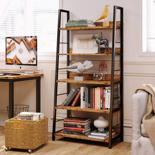 IRONCK 5 Tier Ladder Bookcase with Metal Frame Rustic Brown | Bookshelves and Bookcases,open display shelves; metal frame; shelf baffles; home office