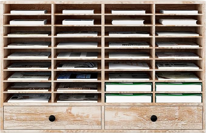 TQAVI Wood Classroom Mailbox 36 Compartments with 2 Drawer, Large Paper Organizer with Adjustable Shelves to Sorting Literature Bill, A4 Size File Organizer for Office School Home, Retro White