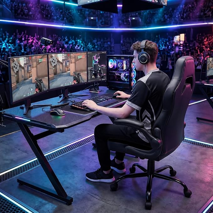 Sweetcrispy Computer Gaming Desk Chair: Big Tall Ergonomic Lumbar Support with Flip-up Armrest and 360° Swivel Wheels, PU Leather Height Adjustable, for Home and Office, Black