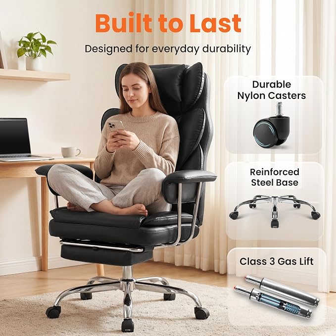 NEO CHAIR Big and Tall Office Chair Gaming Computer Chair High Back Heavy Duty Desk Chai with Lumbar Support Adjustable Recliner Footrest Wide Seat Leather Executive Home with Wheels (Leather Black)