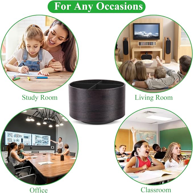 Round Leather Art Supply Organizer,Remote Control Holder,360 Degree Spinning,Multi-Functional Pencil Holder,4 Compartments Desktop Stationary Organizer(1-Dark Brown2)
