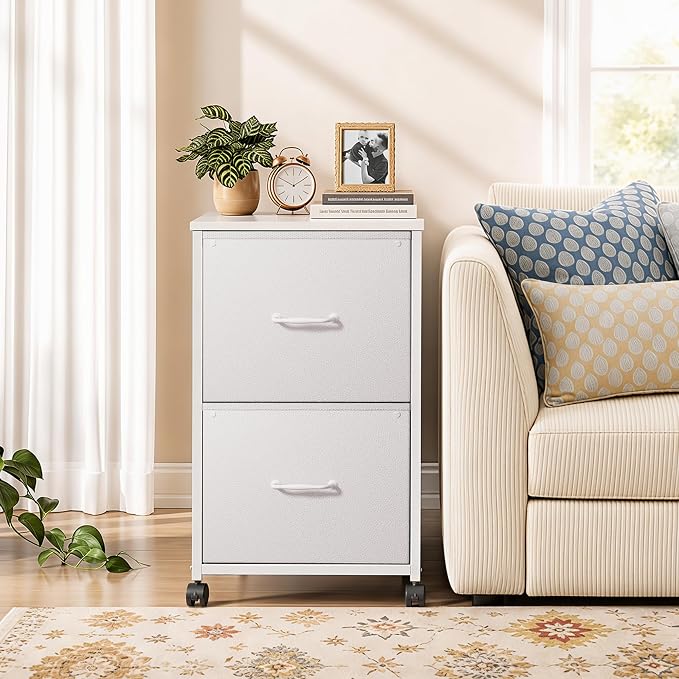 DEVAISE 2 Drawer Mobile File Cabinet, Rolling Printer Stand with Open Storage Shelf, Fabric Vertical Filing Cabinet fits A4 or Letter Size for Home Office, White