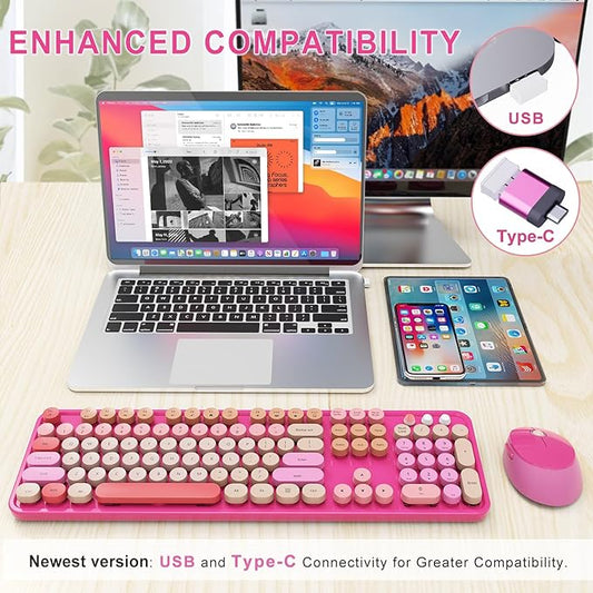 SkyGive Wireless Keyboard and Mouse Combo, Ergonomic Full Size Typewriter Retro Round Keycaps Keyboard, Compatible with Windows, PC, Perfer for Home and Office Keyboards (Red)