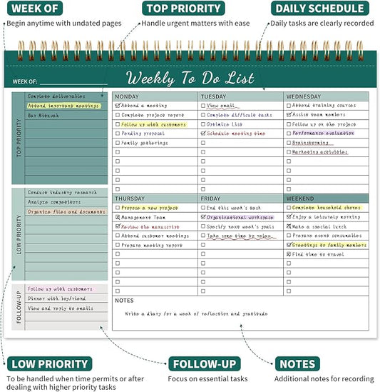 104 Pgs Weekly To Do List Notepad, 52 Duplex-Printed Undated Sheets 100 GSM(8.5"×11") Weekly Desk Planner For Work Home School Office Desk Accessories Supplies & Goal Setting Tasks - Green