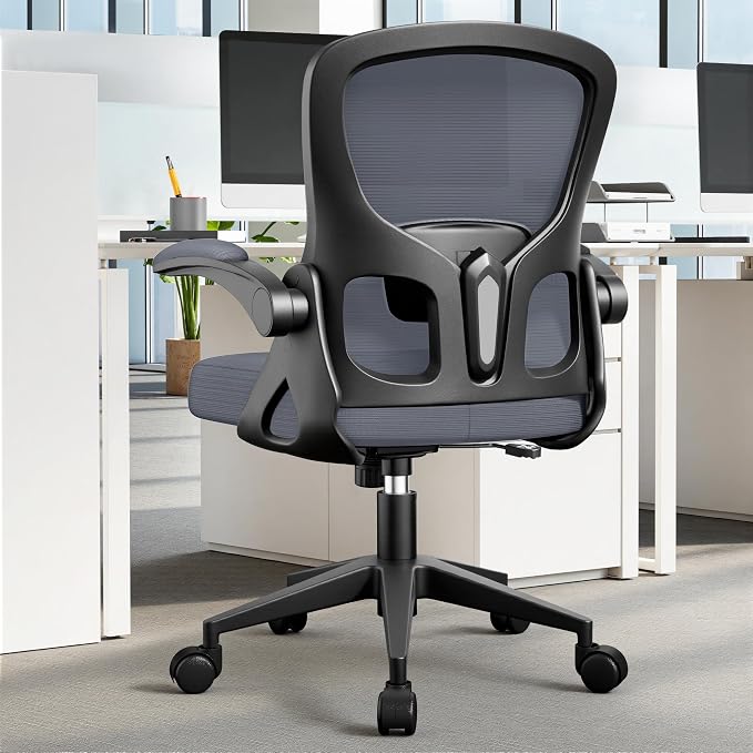 Office Chair Ergonomic Desk Chair, Adjustable Lumbar Support Rolling Swivel Comfy Chair with Space-Saving Flip Up Armrests, Mesh Gaming Chair for Business Work Office & Home, Dark Gray