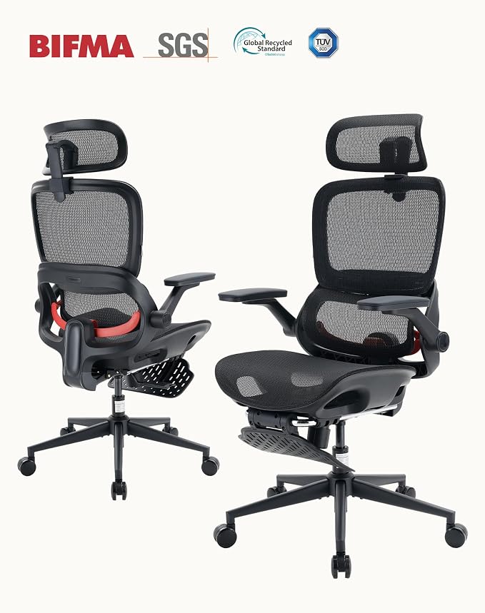 SIHOO B100 PRO Ergonomic Office Chair with Footrest, Mesh Office Chair with Adaptive Lumbar Support, Computer Chair with Wide Headrest, Desk Chair with 360° Rotatable Flip-Up Armrests, Jet Black