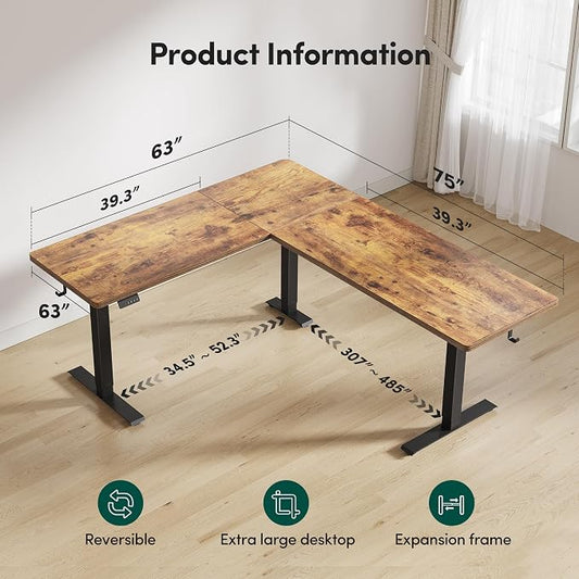 BANTI L-Shaped Standing Desk - 75 x 63 Inch Adjustable Corner Standing Desk with Charging Station - L Shape Sit Stand Table with Memory Controller, Splice Board for Home Office, Rustic Brown