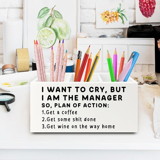 Funny Pen Office Pencil Holder Organizer for Desk, Manager Gifts for Women Men, Funny Coworker Gifts Wooden Box Sign for Home Office Desk Tabletop Decorations