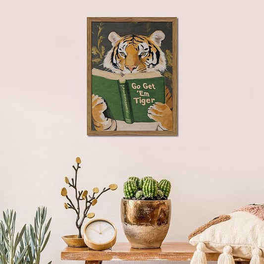 Framed Tiger Canvas Wall Art, Motivational Tigers Reading Poster Print, Humorous Bookworm Pictures Wall Decor, Vintage Go Get Em Tiger Painting for Office Library Bedroom Decor 12x16 inch