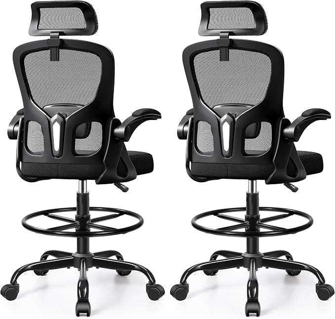 Drafting Chair, Tall Office Chair for Standing Desk, Ergonomic High Back with Headrest, Lumbar Support, Foot Ring and Flip-up Armrests, Black, Pack of 2