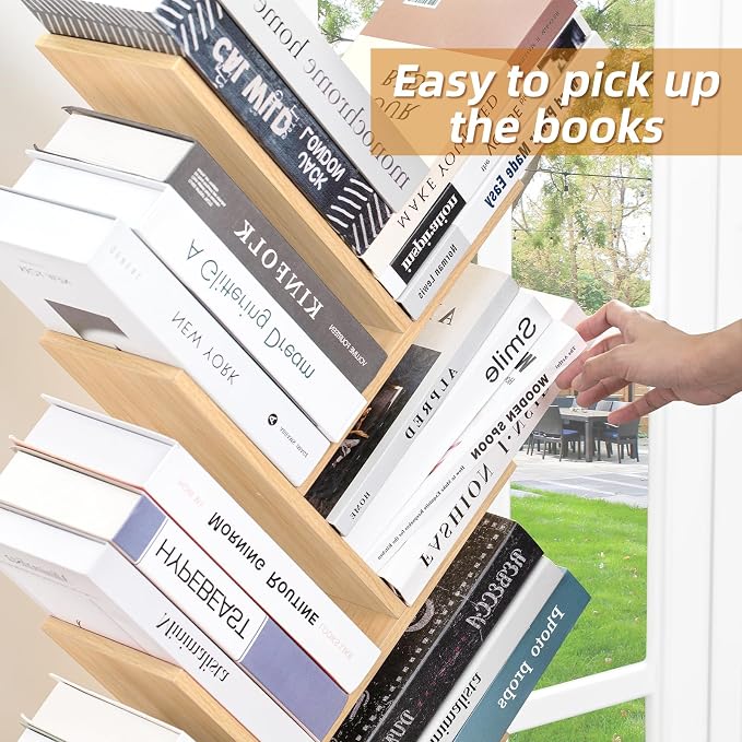 SHEEPAM 8 Tier Tree Bookshelf with Drawer, Free Standing Wood Bookcase for Narrow Space, Storage Organizer Bookshelves for Books, Book Case for Home Office, Living Room, Bedroom - Natural