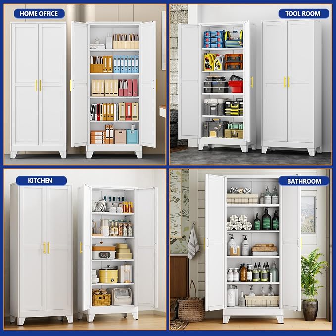 Metal Storage Cabinet with 2 Doors and 4 Adjustable Shelves - 71" Steel File Cabinet,Tool Cabinets for Office,Home,Garage,Gym,School,Bathroom,Kitchen(White)
