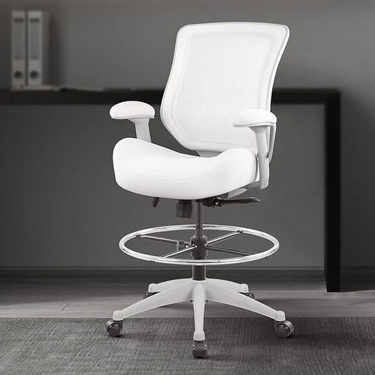BOLISS 400lbs Mesh Ergonomic Office Drafting Chair Big Adjustable Foot Ring Height Adjustable Armrest (Wht)